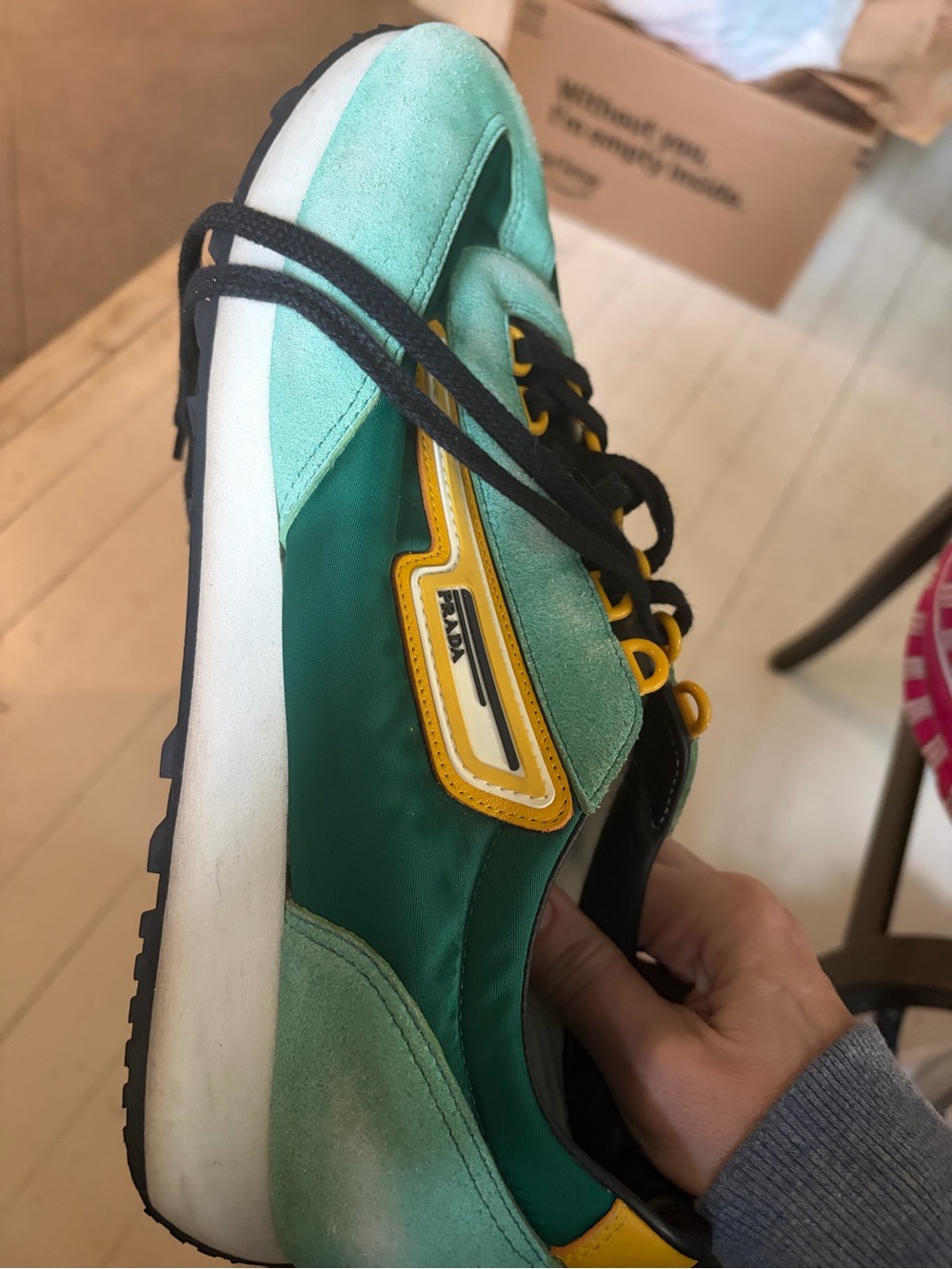 Prada Men’s Teal Suede & Nylon Sneakers with Yellow Accents - Picture 3 of 5